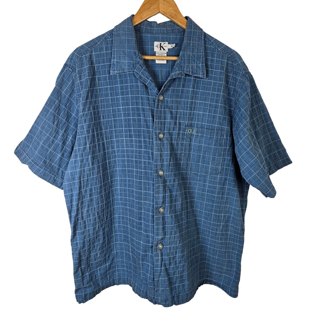 Calvin Klein Jeans CKJ Mens XL Blue‎ Plaid Short Sleeve Button Up Shirt